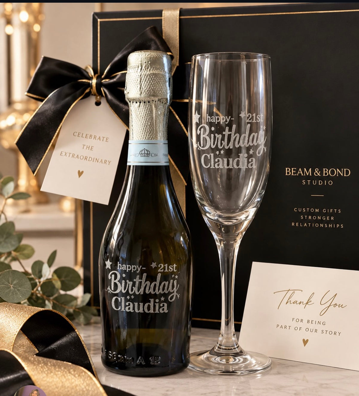 Engraved anniversary bottle and champagne flute corporate milestone gift - view 2