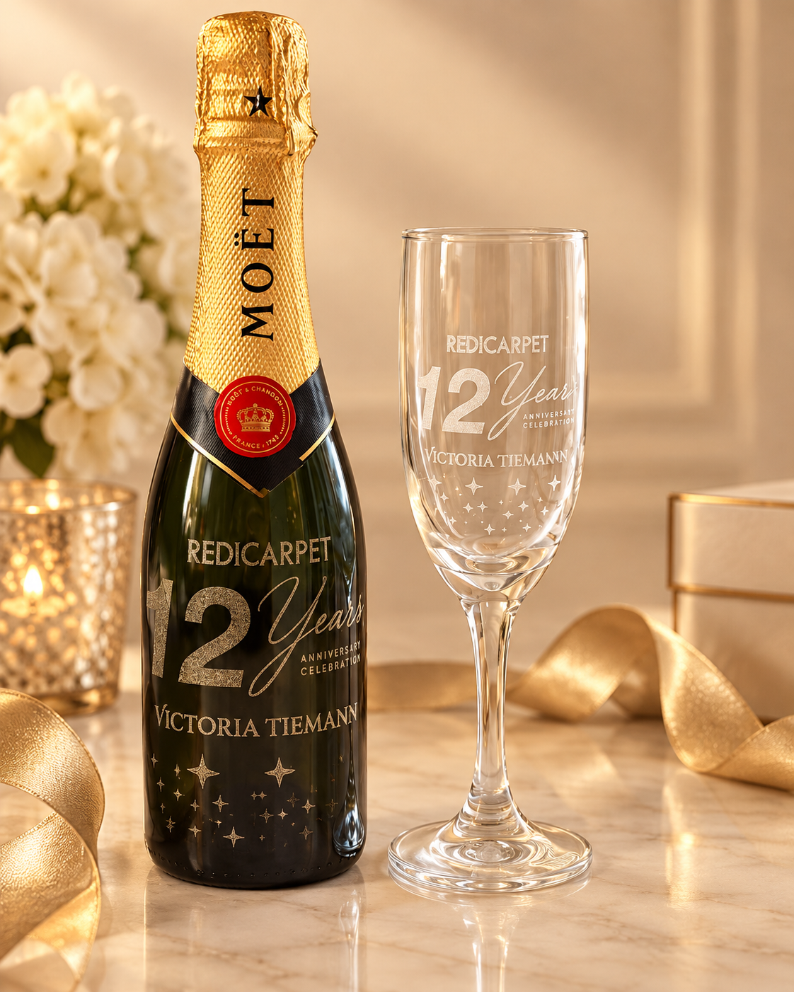Anniversary Bottle & Engraved Champagne Flute | Corporate Milestone Gift